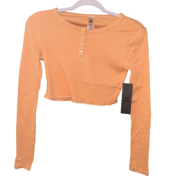 Mono B Tops - Mono B Womens Crop Top Long Sleeve Ribbed Knit Henley Shirt Peach New Small